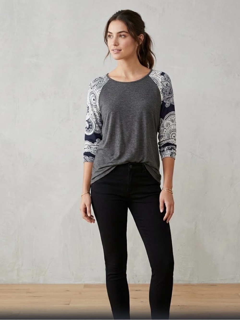 Gray and Navy Patterned Women's Top